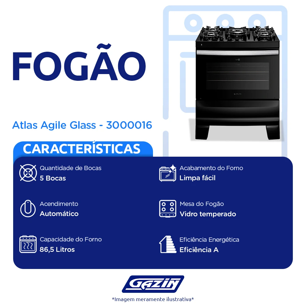 Fogão Atlas 5 Bocas Agile Glass Automático Mesa de Vidro Forno 86,5L