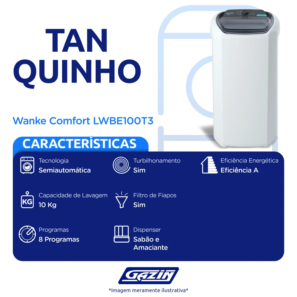 Tanquinho Wanke Comfort 10kg Semiautomático 8 Programas LWBE100T3
