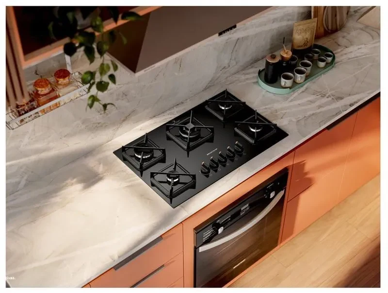 Cooktop 5 Bocas a Gás GLP Brastemp Mesa de Vidro Chama Simmer Preto Acendimento Superautomático BDS75AE