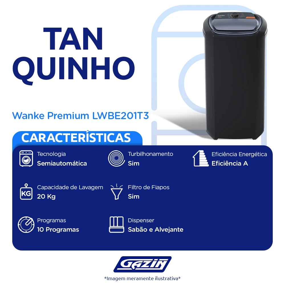 Tanquinho Wanke Premium 20kg Semiautomático 10 programas LWBE201T3