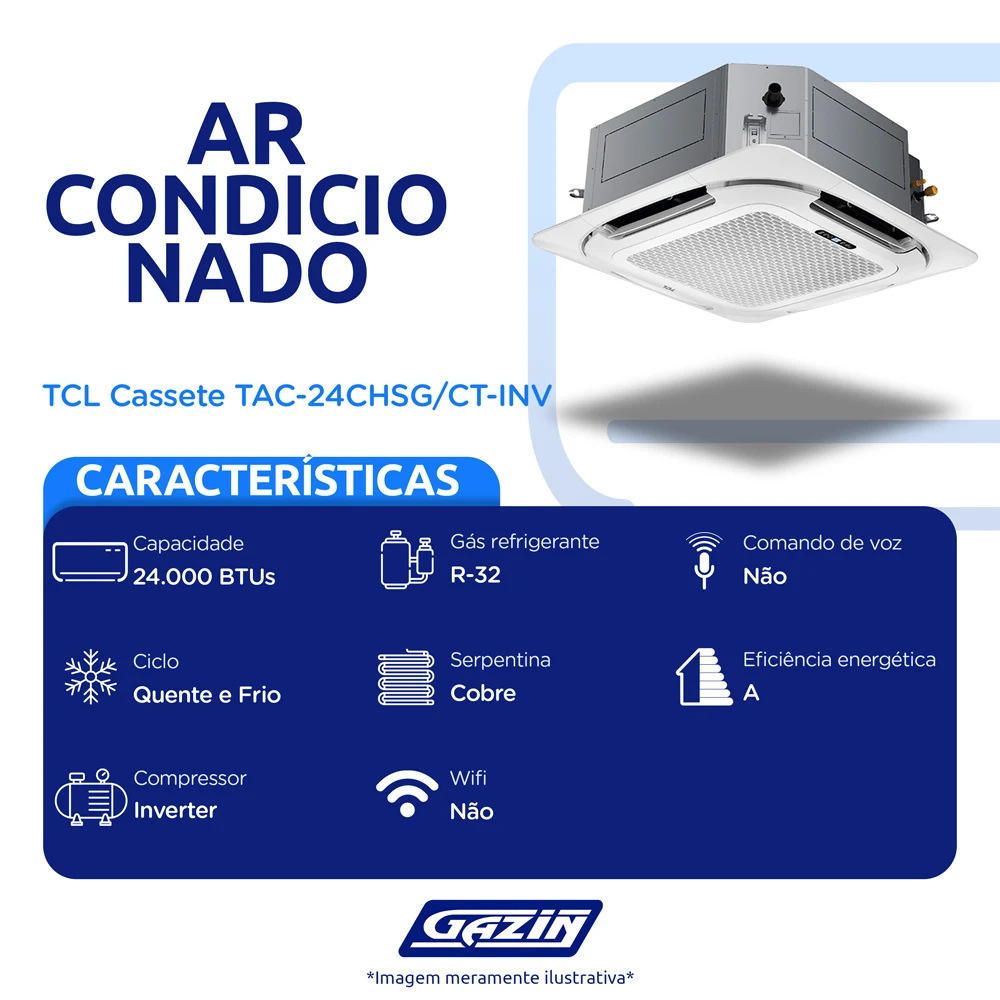 Ar Condicionado Cassete 24.000 BTUs Inverter TCL Quente e Frio