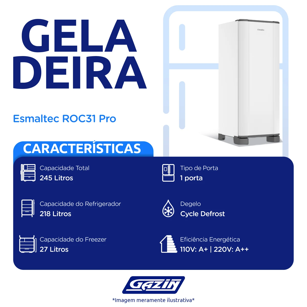 Geladeira Esmaltec 245L Cycle Defrost Inverter ROC31 Pro