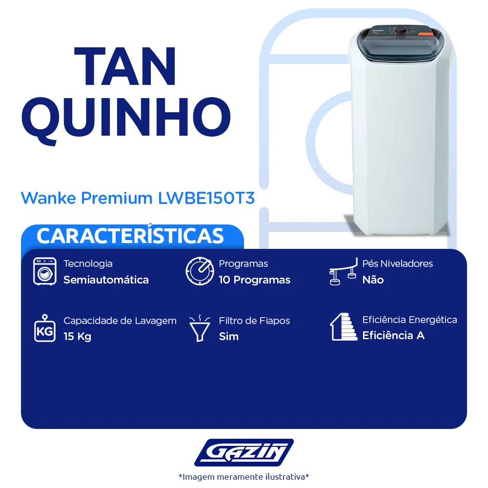 Tanquinho Wanke Premium 15kg Semiautomático 10 programas LWBE150T3